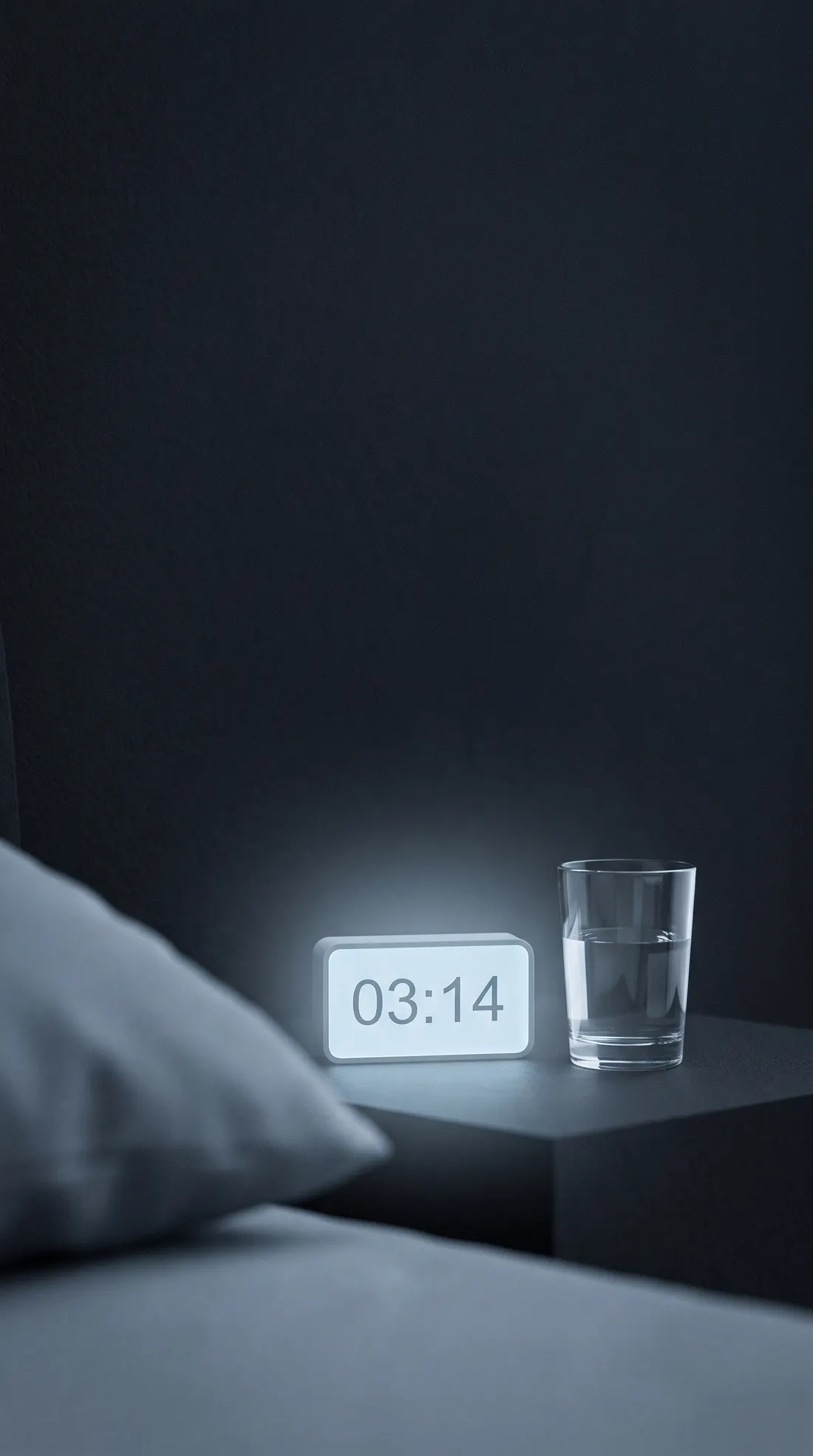 Nachtkastje om 03:14, wekker en glas water